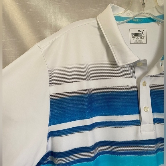 Puma Polo Golf Shirt Dry Cell White with Blue Stripes Mens Lg - Picture 5 of 13